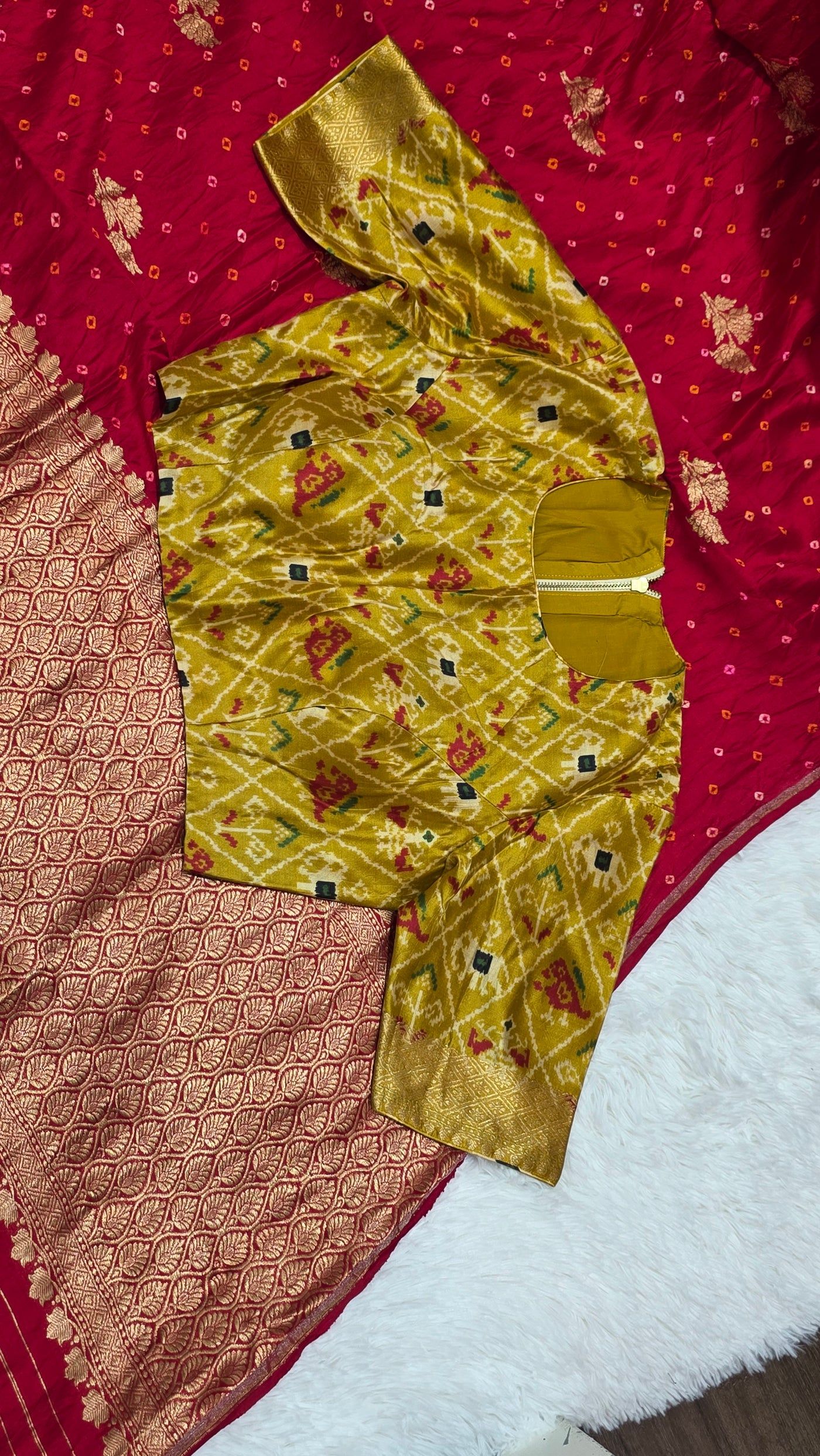 Chinia Silk Handloom Bandhani Saree – Deep Red with Mustard Ikkat Blouse