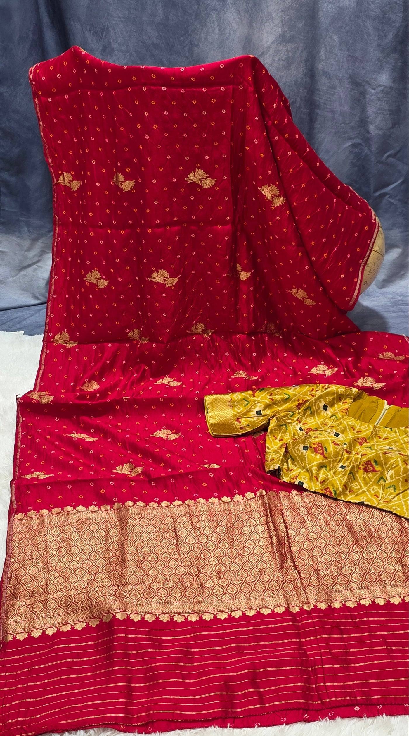 Chinia Silk Handloom Bandhani Saree – Deep Red with Mustard Ikkat Blouse