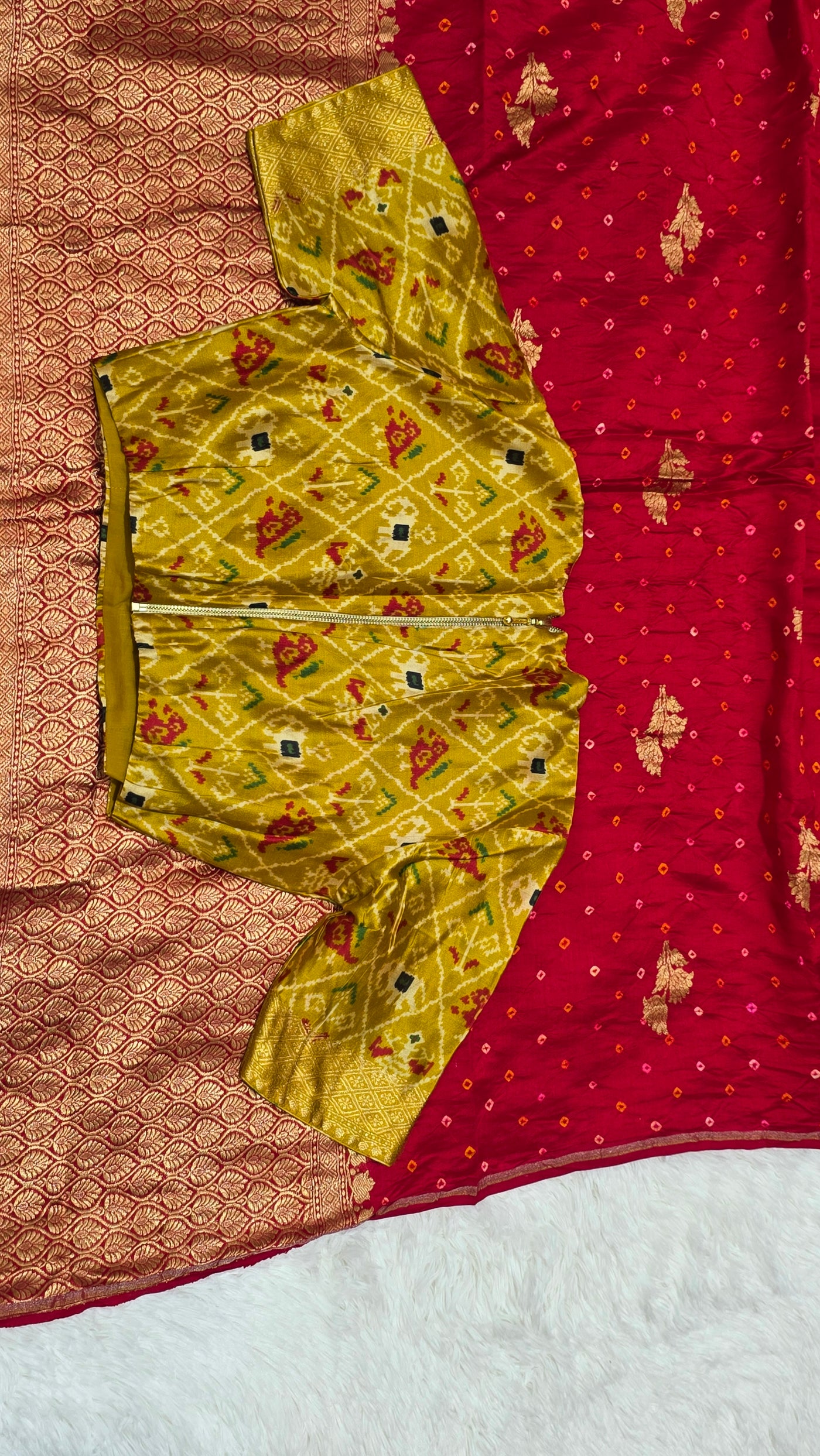Chinia Silk Handloom Bandhani Saree – Deep Red with Mustard Ikkat Blouse