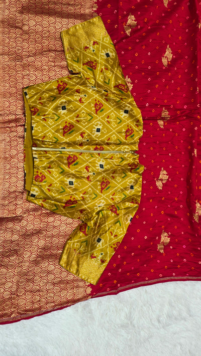 Chinia Silk Handloom Bandhani Saree – Deep Red with Mustard Ikkat Blouse