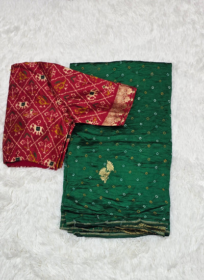 Green Silk Chinia Handloom Bandhani Saree with Gold Zari Border & Red Ikat Blouse