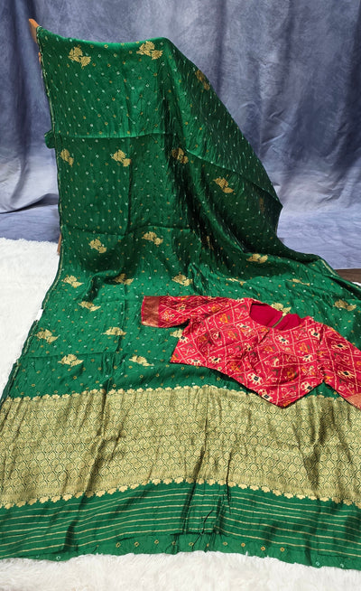 Green Silk Chinia Handloom Bandhani Saree with Gold Zari Border & Red Ikat Blouse