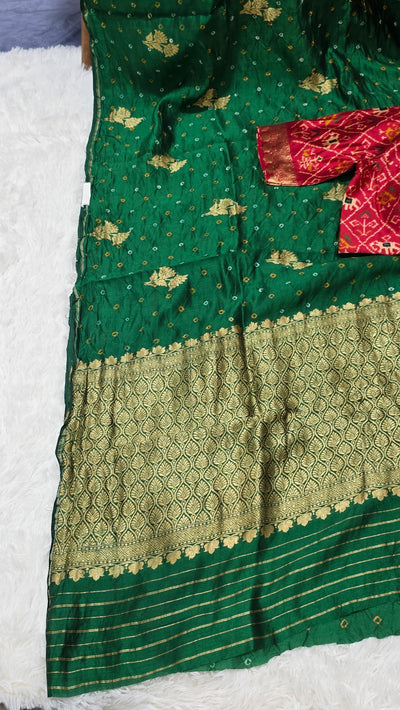 Green Silk Chinia Handloom Bandhani Saree with Gold Zari Border & Red Ikat Blouse