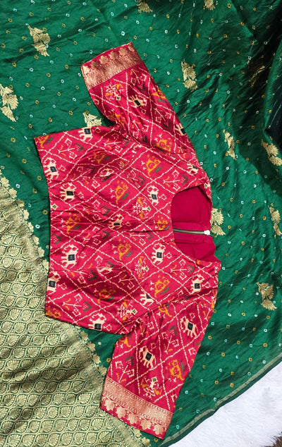 Green Silk Chinia Handloom Bandhani Saree with Gold Zari Border & Red Ikat Blouse