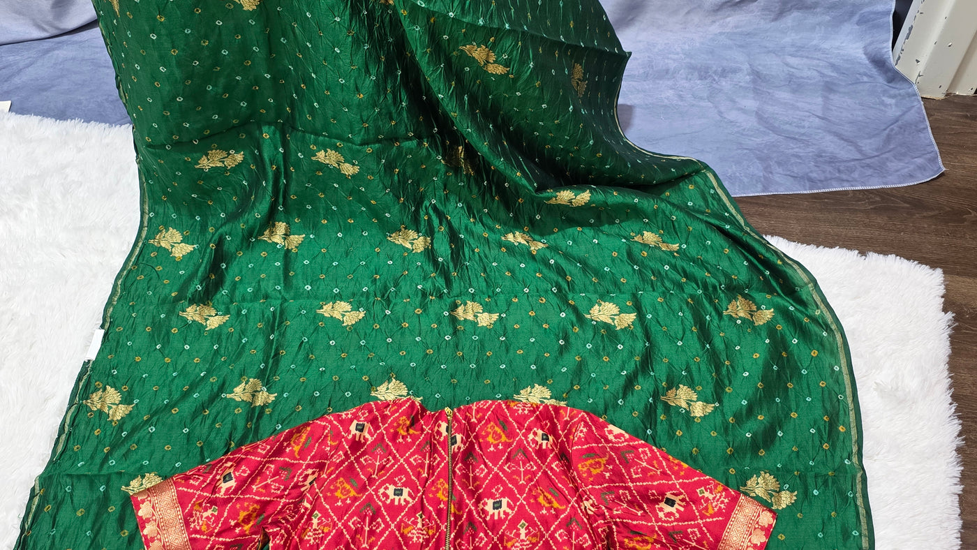 Green Silk Chinia Handloom Bandhani Saree with Gold Zari Border & Red Ikat Blouse