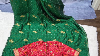 Green Silk Chinia Handloom Bandhani Saree with Gold Zari Border & Red Ikat Blouse