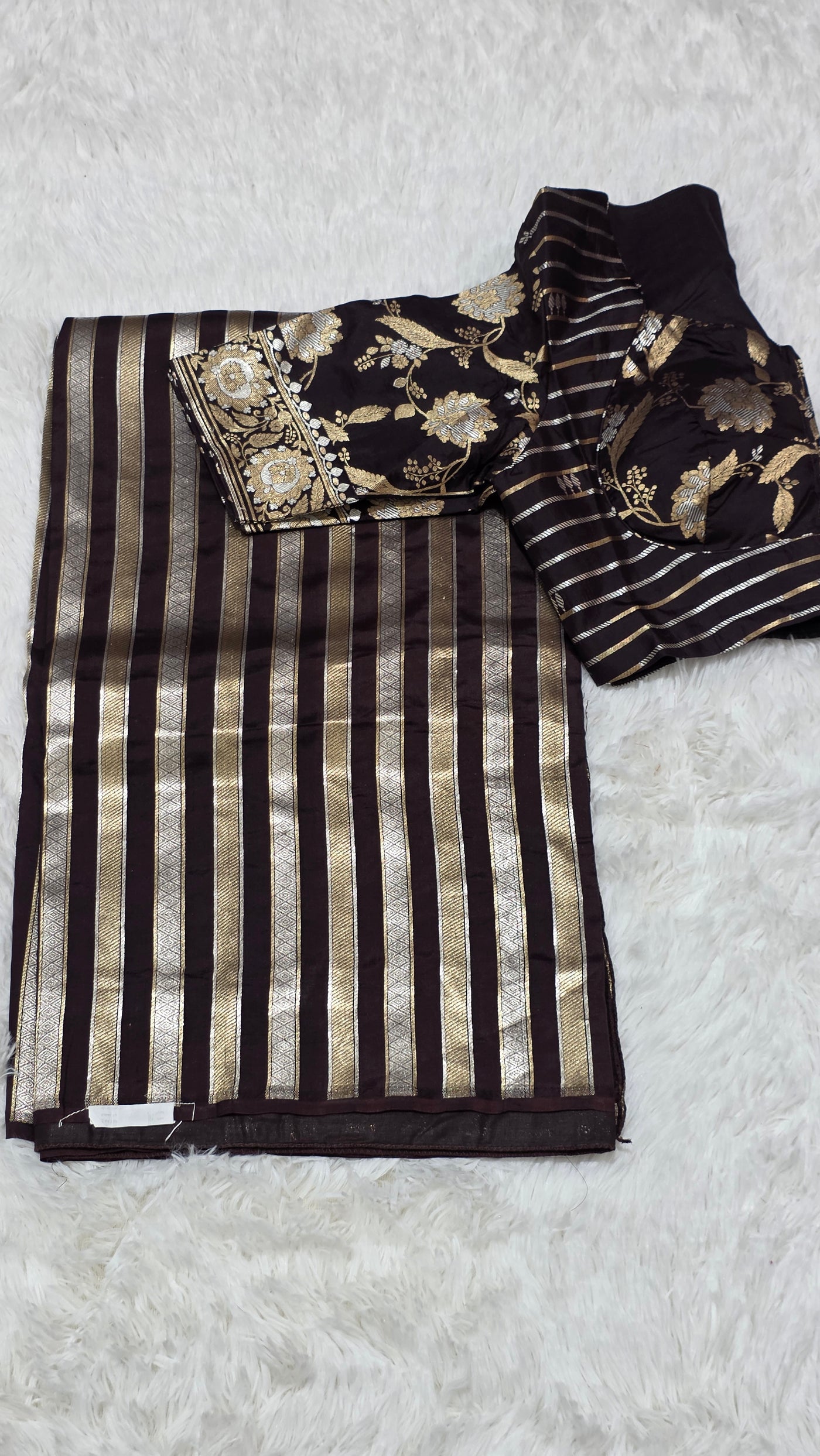 Pure Katan Silk Saree with Butti Weave and Double Pallu – Brown & Gold with Matching Blouse