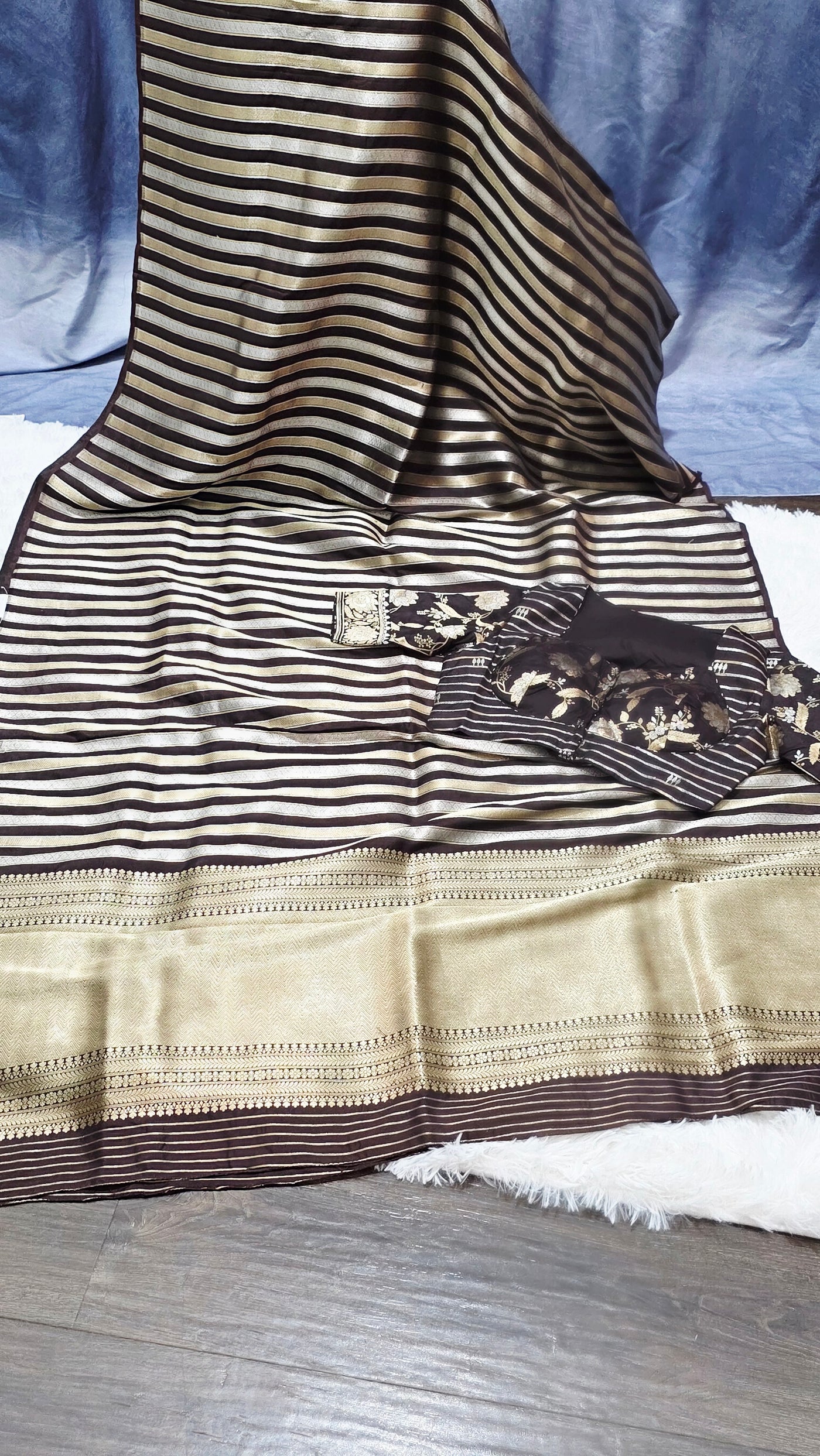 Pure Katan Silk Saree with Butti Weave and Double Pallu – Brown & Gold with Matching Blouse