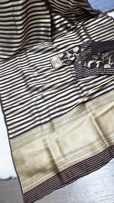 Pure Katan Silk Saree with Butti Weave and Double Pallu – Brown & Gold with Matching Blouse