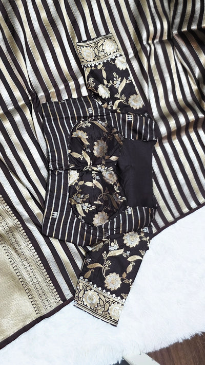 Pure Katan Silk Saree with Butti Weave and Double Pallu – Brown & Gold with Matching Blouse