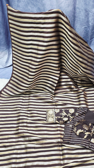 Pure Katan Silk Saree with Butti Weave and Double Pallu – Brown & Gold with Matching Blouse