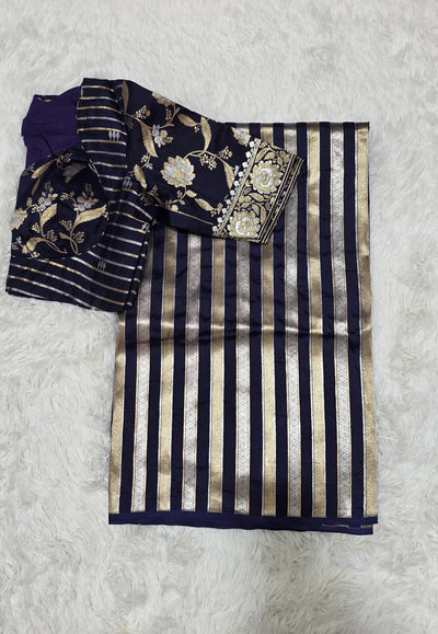 Pure Katan Silk Butti Saree with Double Pallu Zari – Navy Blue & Gold