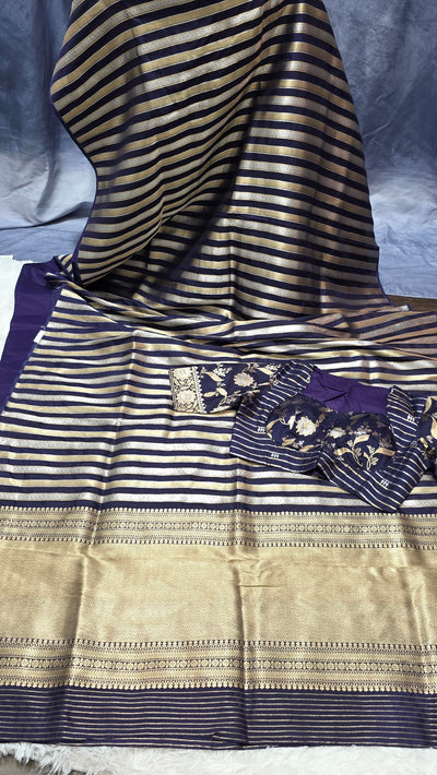 Pure Katan Silk Butti Saree with Double Pallu Zari – Navy Blue & Gold