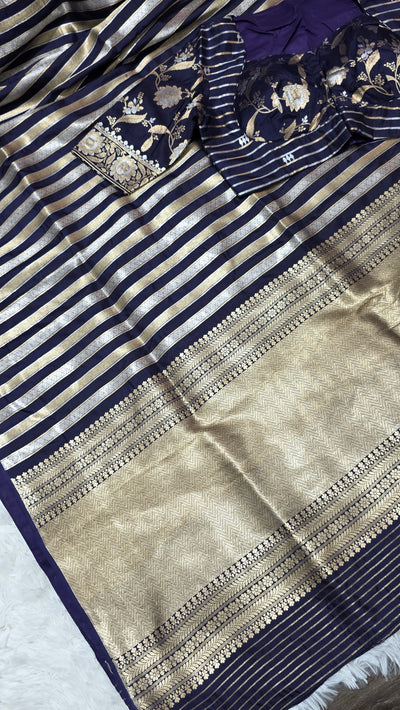 Pure Katan Silk Butti Saree with Double Pallu Zari – Navy Blue & Gold