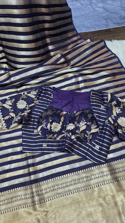 Pure Katan Silk Butti Saree with Double Pallu Zari – Navy Blue & Gold