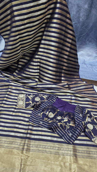 Pure Katan Silk Butti Saree with Double Pallu Zari – Navy Blue & Gold