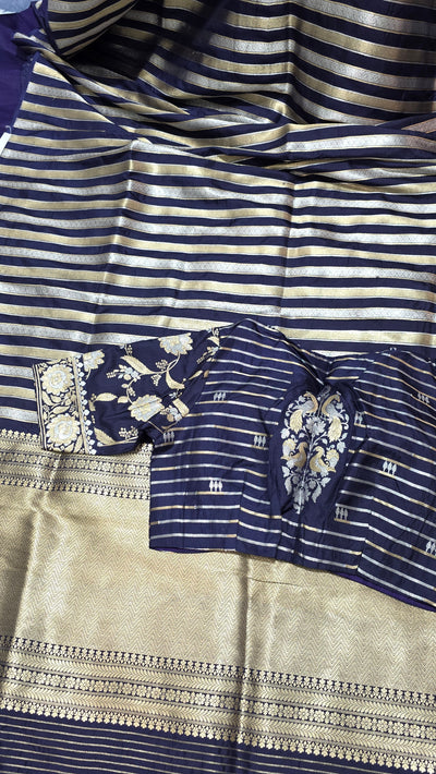 Pure Katan Silk Butti Saree with Double Pallu Zari – Navy Blue & Gold