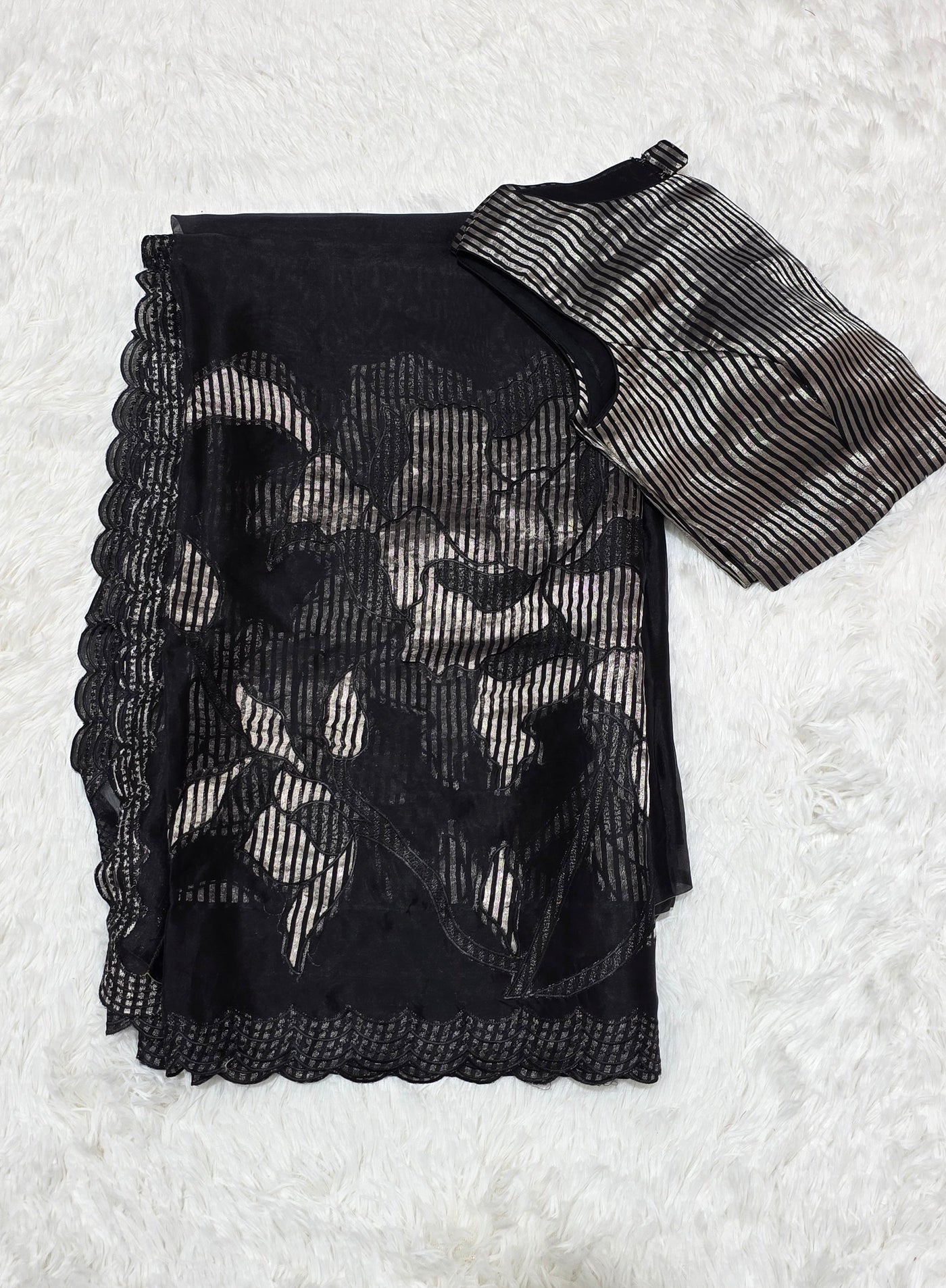 Black Silk Chinia Reshami Zari Cutwork Saree with Silver Striped Blouse