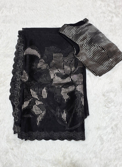 Black Silk Chinia Reshami Zari Cutwork Saree with Silver Striped Blouse