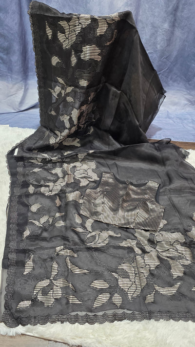 Black Silk Chinia Reshami Zari Cutwork Saree with Silver Striped Blouse