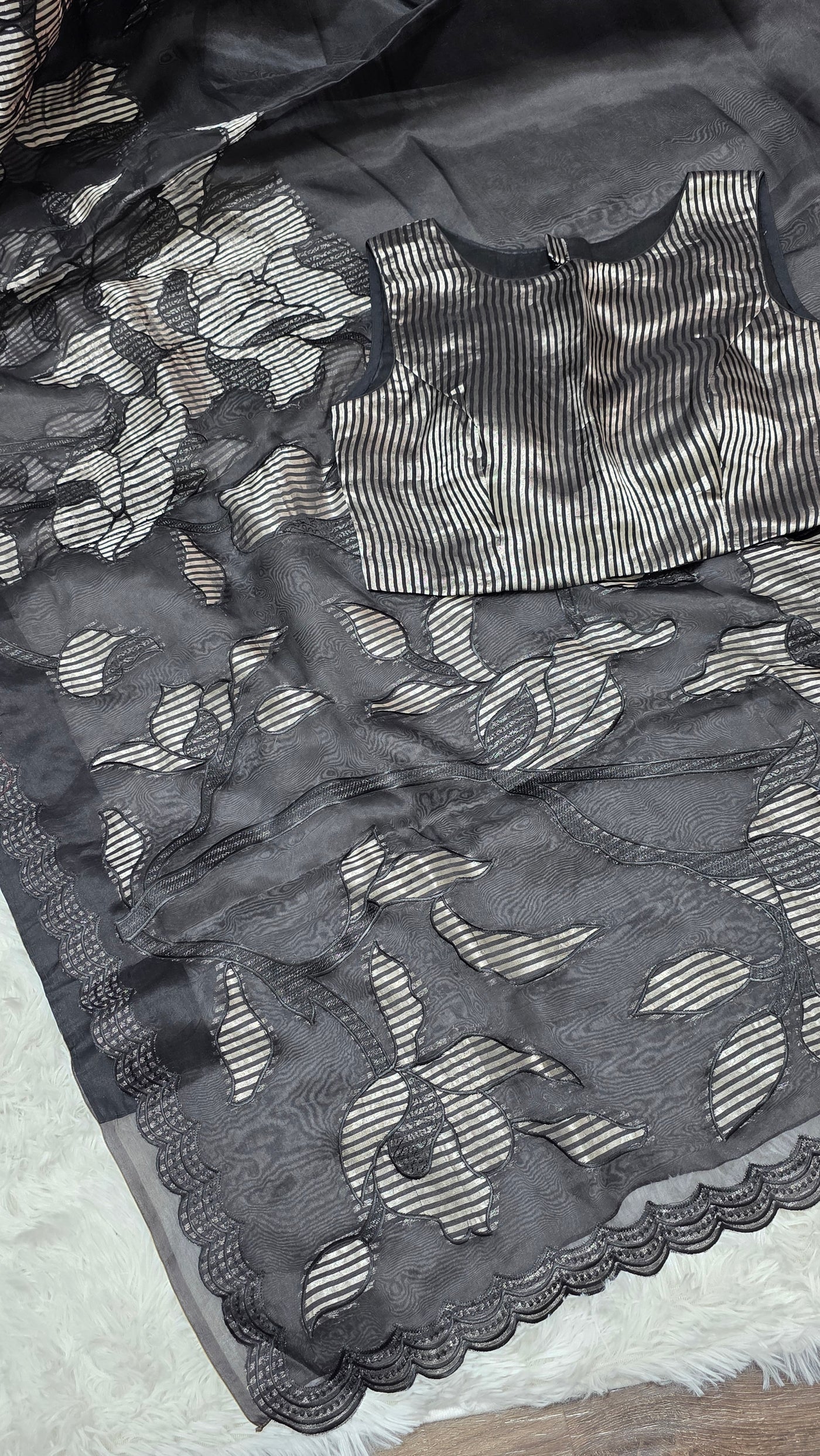 Black Silk Chinia Reshami Zari Cutwork Saree with Silver Striped Blouse