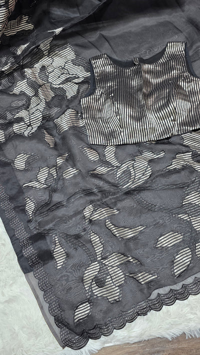 Black Silk Chinia Reshami Zari Cutwork Saree with Silver Striped Blouse