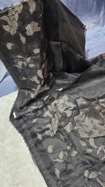Black Silk Chinia Reshami Zari Cutwork Saree with Silver Striped Blouse