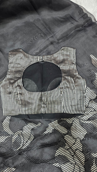 Black Silk Chinia Reshami Zari Cutwork Saree with Silver Striped Blouse
