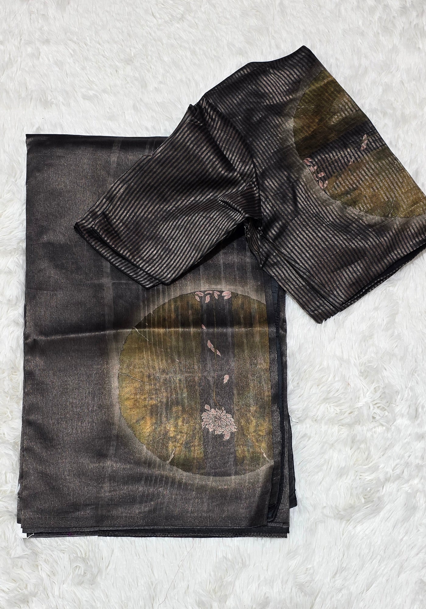 Black Silk Chinia Reshami Zari Saree with Digital Artistic Floral Design with Matching Designer Blouse