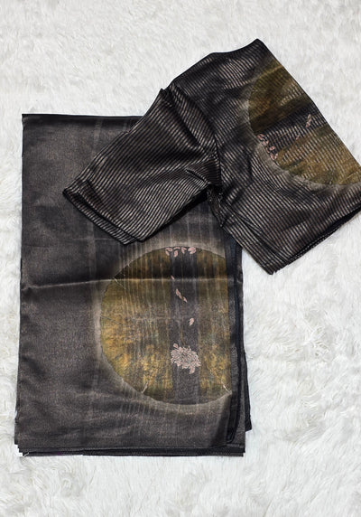 Black Silk Chinia Reshami Zari Saree with Digital Artistic Floral Design with Matching Designer Blouse