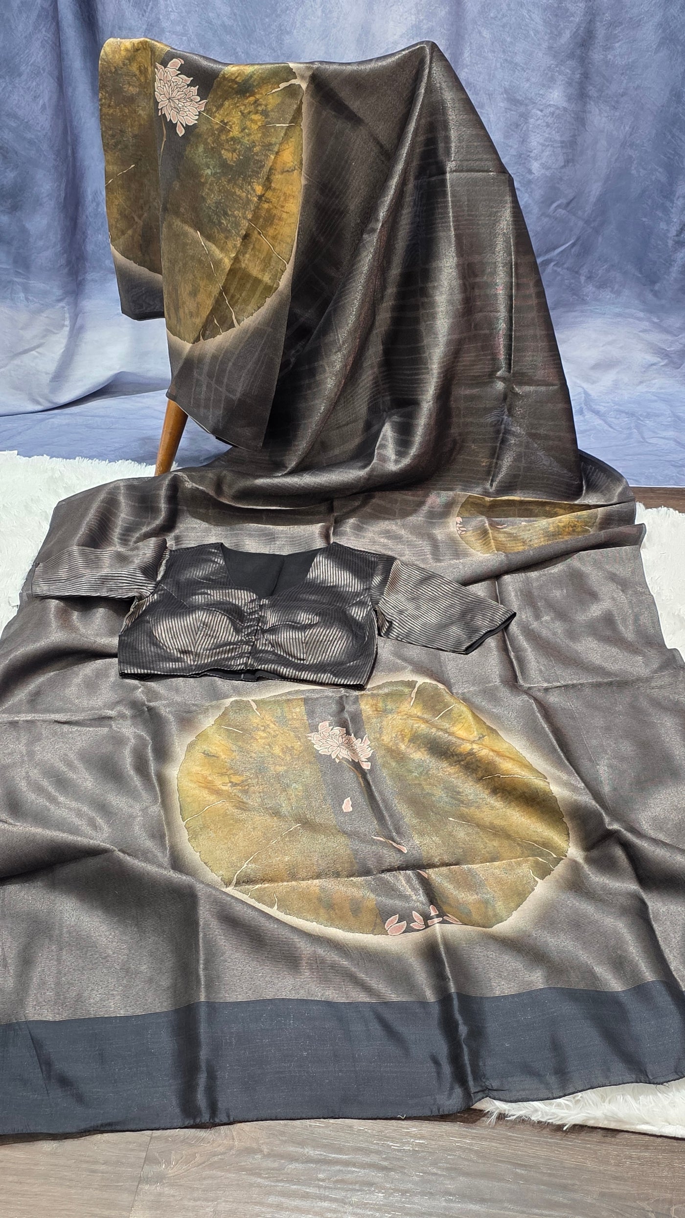 Black Silk Chinia Reshami Zari Saree with Digital Artistic Floral Design with Matching Designer Blouse