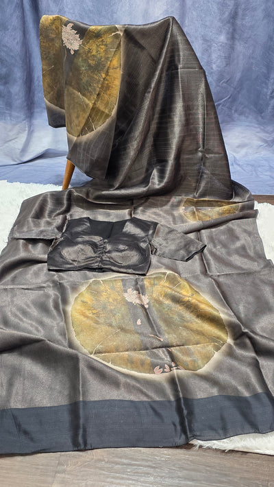 Black Silk Chinia Reshami Zari Saree with Digital Artistic Floral Design with Matching Designer Blouse