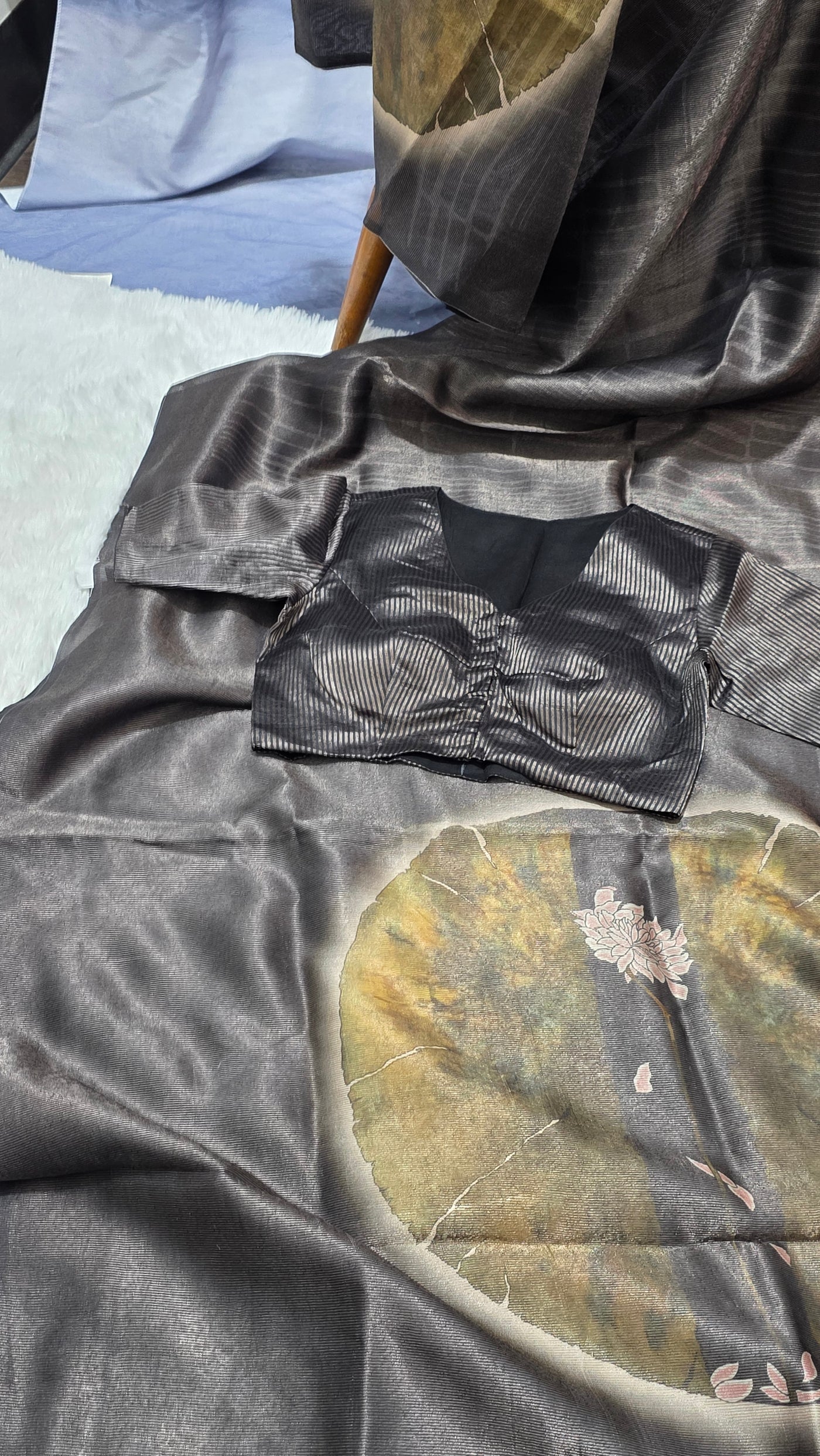 Black Silk Chinia Reshami Zari Saree with Digital Artistic Floral Design with Matching Designer Blouse