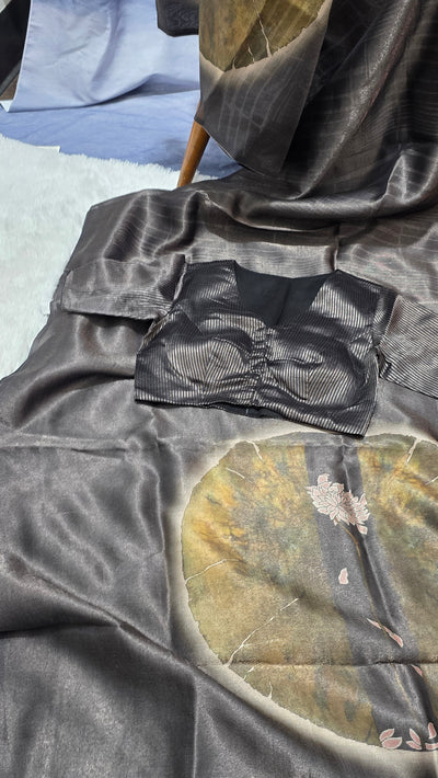 Black Silk Chinia Reshami Zari Saree with Digital Artistic Floral Design with Matching Designer Blouse