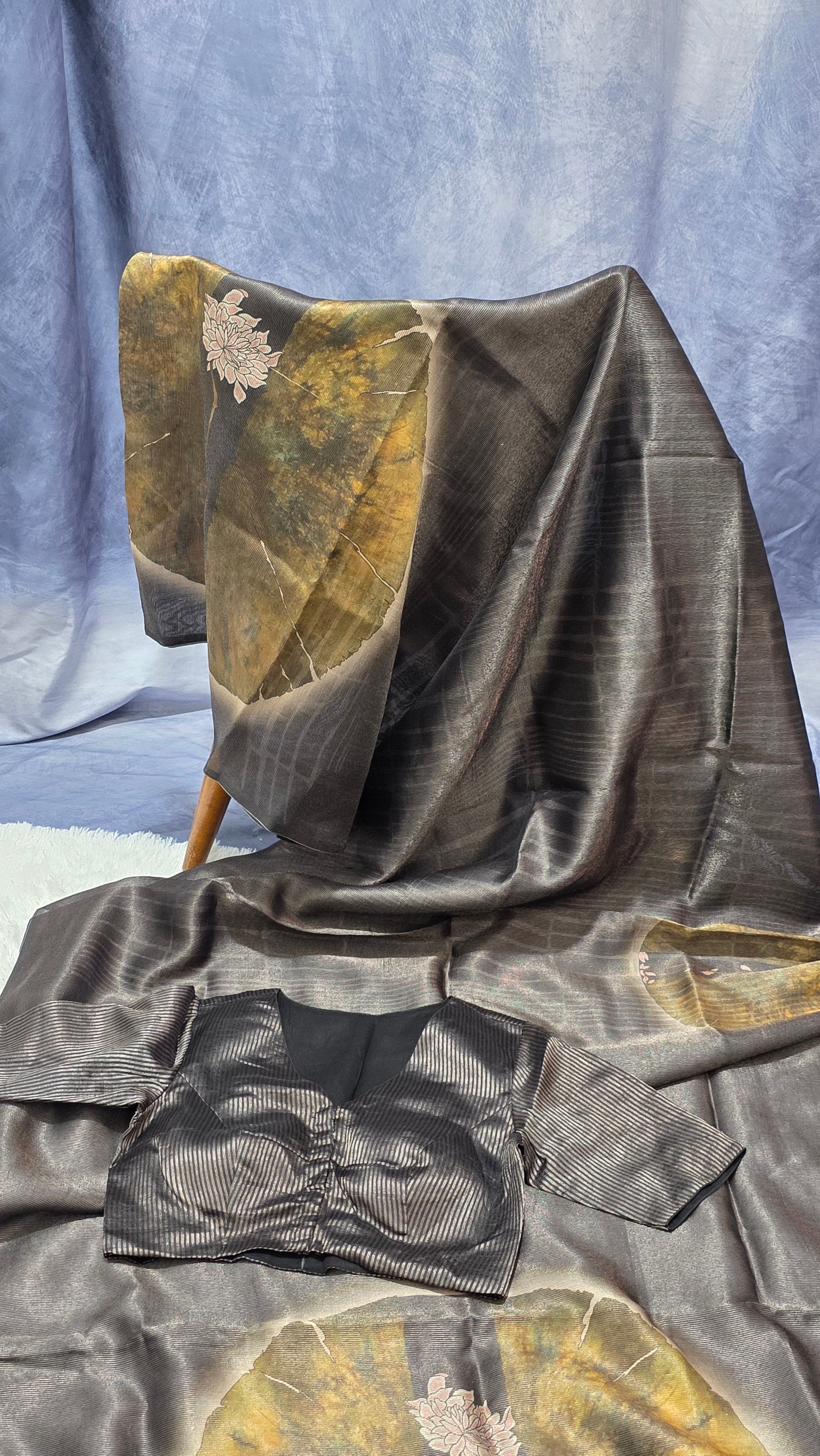 Black Silk Chinia Reshami Zari Saree with Digital Artistic Floral Design with Matching Designer Blouse