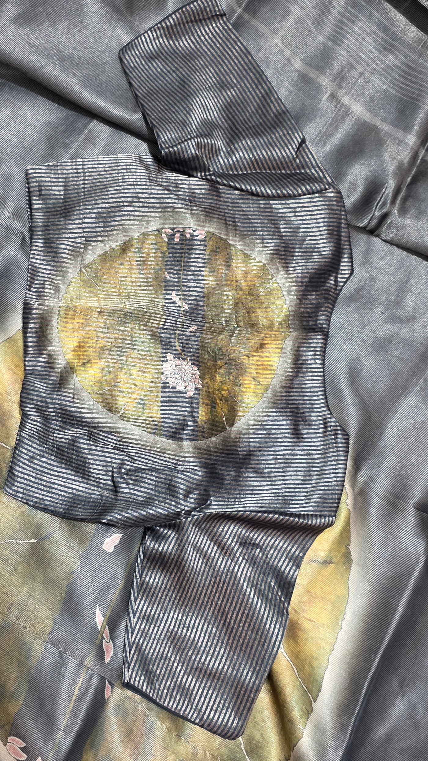 Black Silk Chinia Reshami Zari Saree with Digital Artistic Floral Design with Matching Designer Blouse