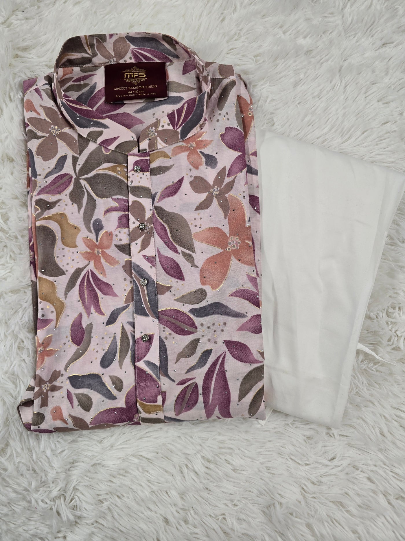 Floral Printed Kurta in Pastel Pink with White Pants