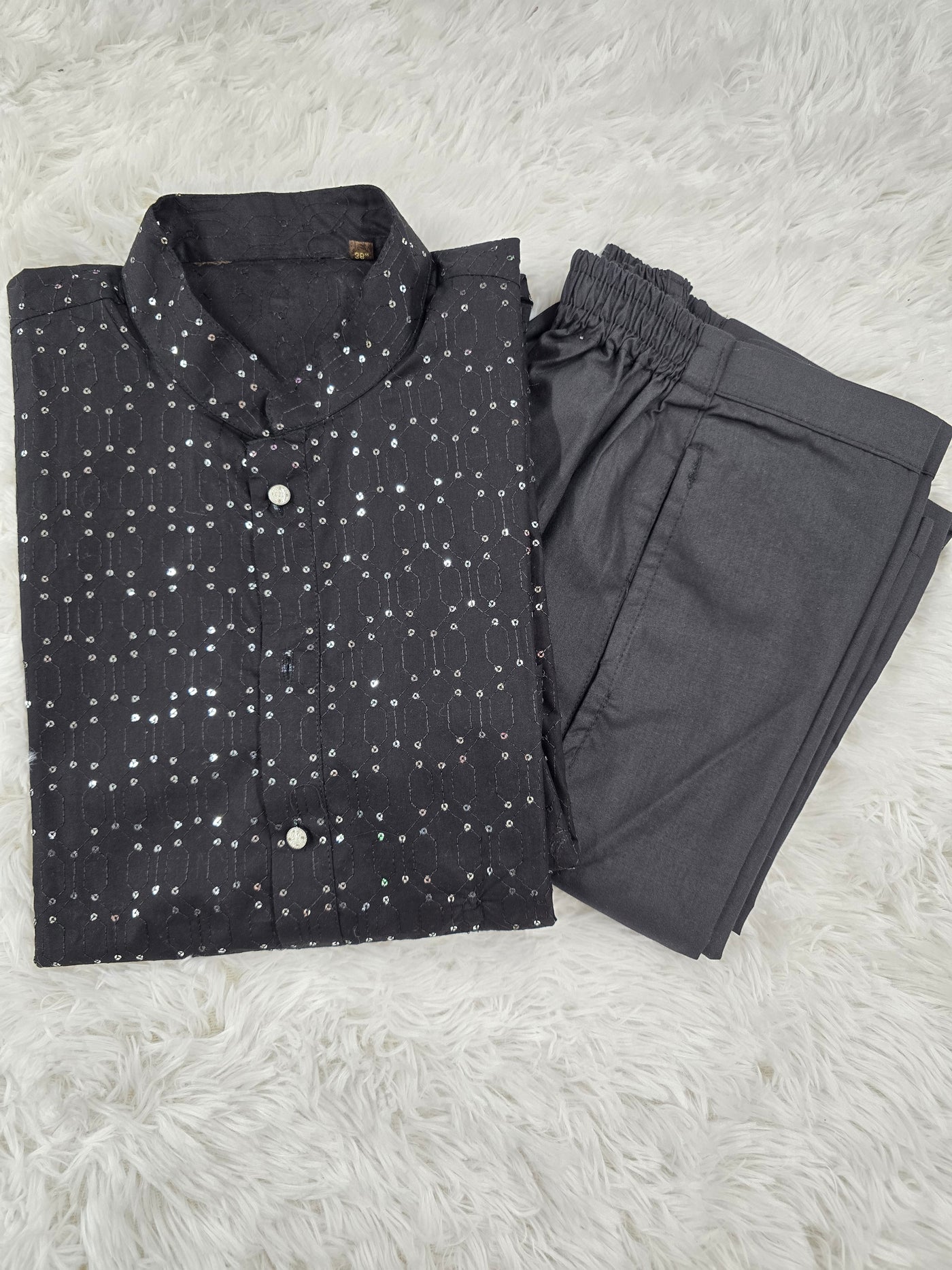 Men’s Kurta Pyjama Set – Black Sequin Work