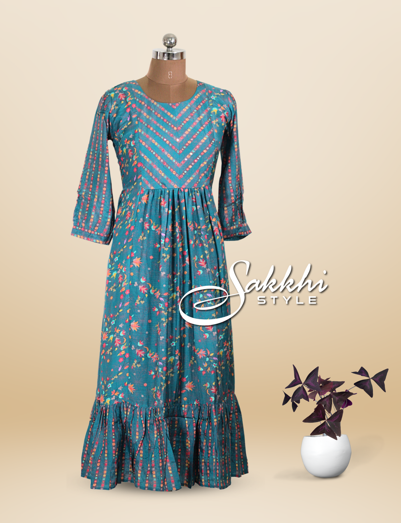 TEAL COLORED MUSLIN GOWN WITH FLORAL PRINTS