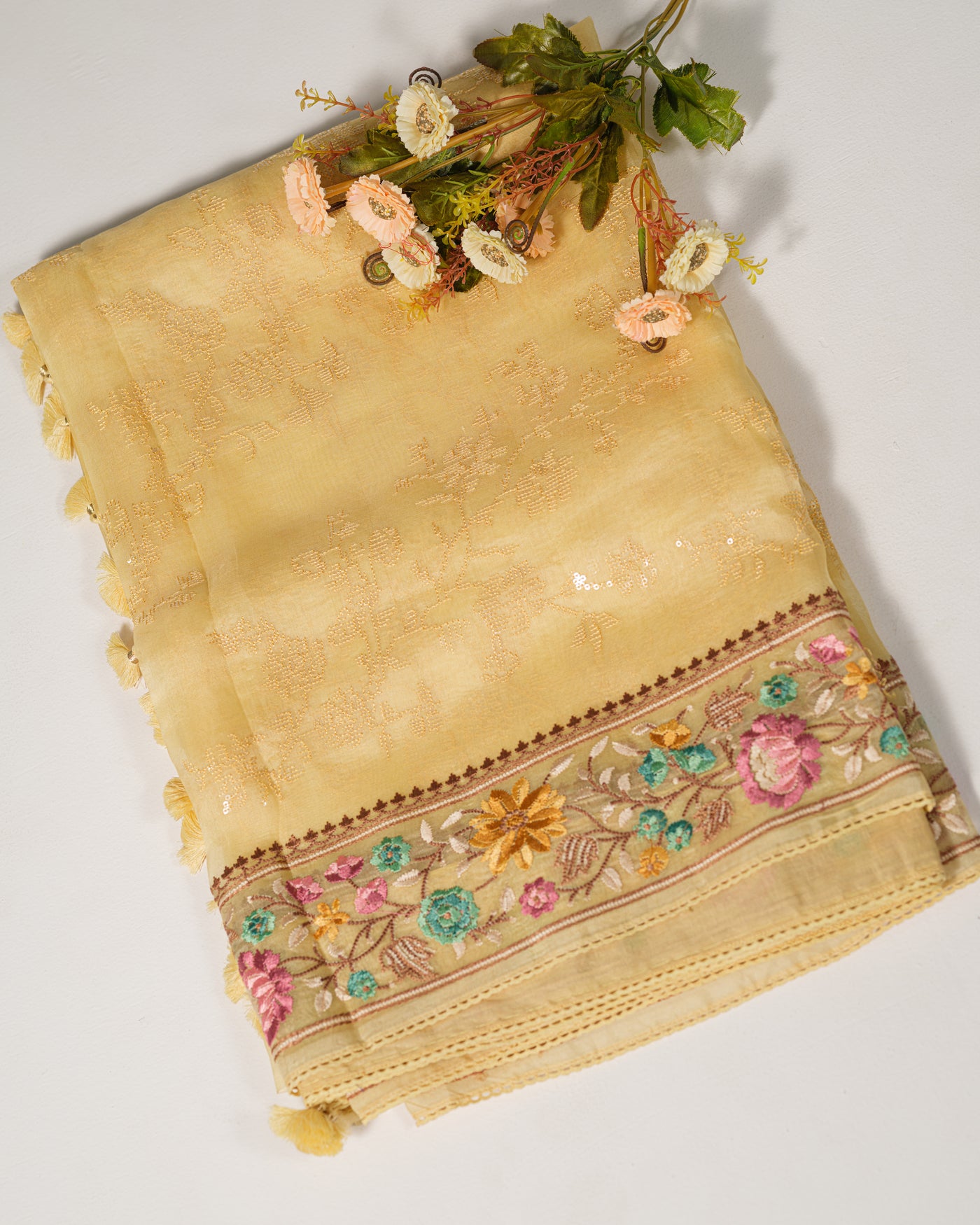 BUTTER YELLOW SEQUIN EMBROIDERED ORGANZA SAREE