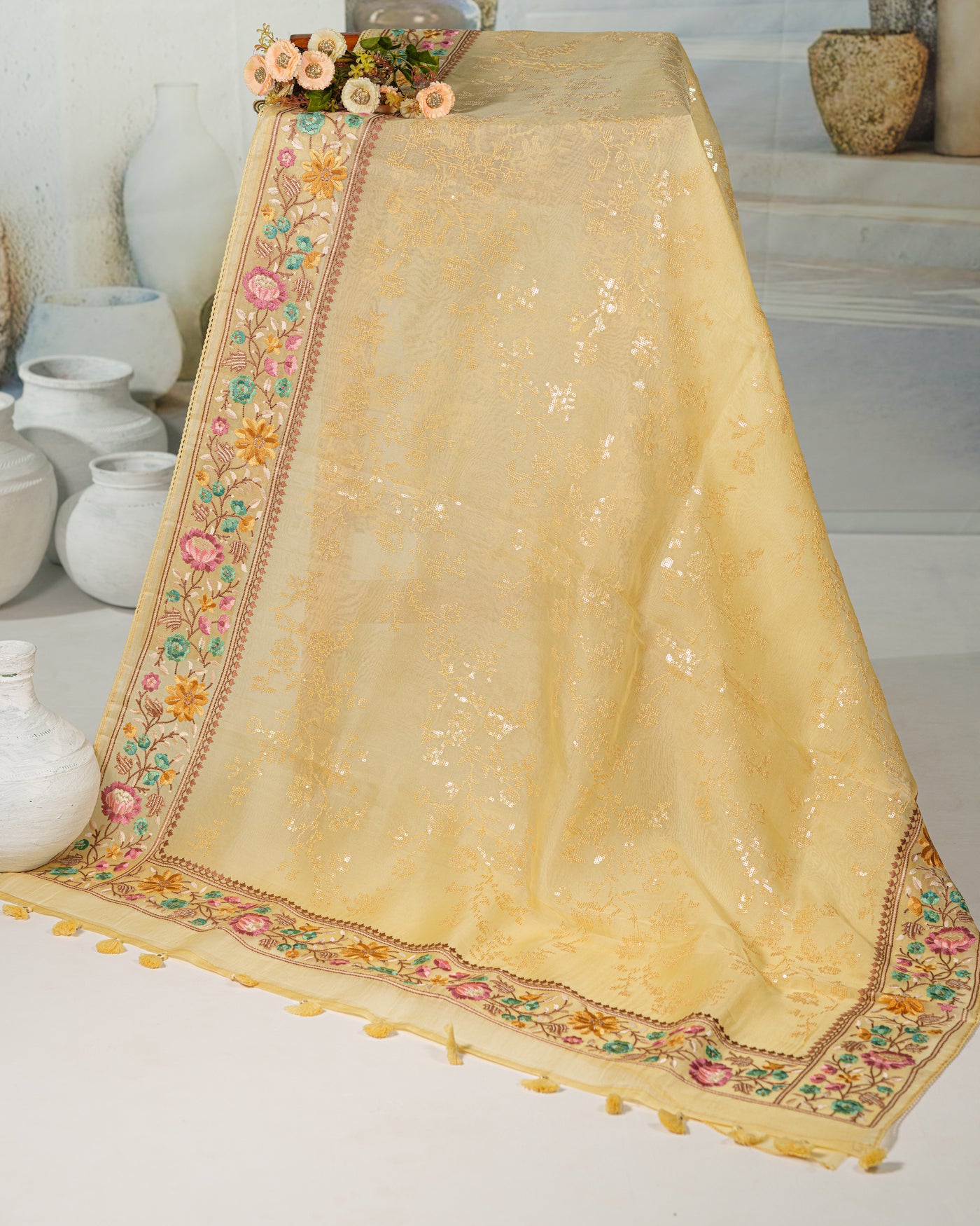 BUTTER YELLOW SEQUIN EMBROIDERED ORGANZA SAREE