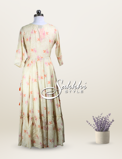 CREAM COLORED MULMUL COTTON GOWN WITH FLORAL PRINTS