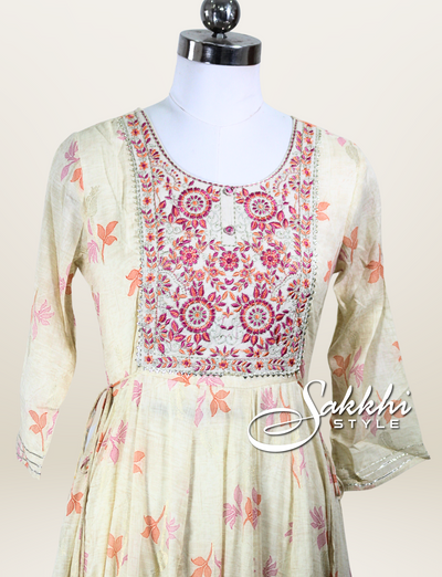 CREAM COLORED MULMUL COTTON GOWN WITH FLORAL PRINTS