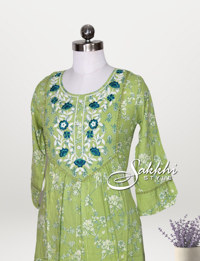 PALE OLIVE GREEN RAYON KURTI SET WITH FLORAL PRINTS