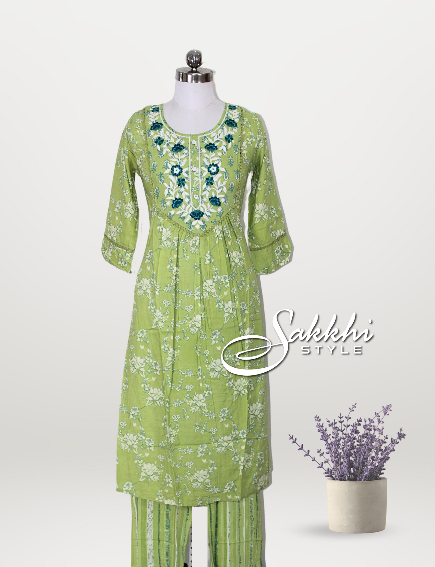 PALE OLIVE GREEN RAYON KURTI SET WITH FLORAL PRINTS