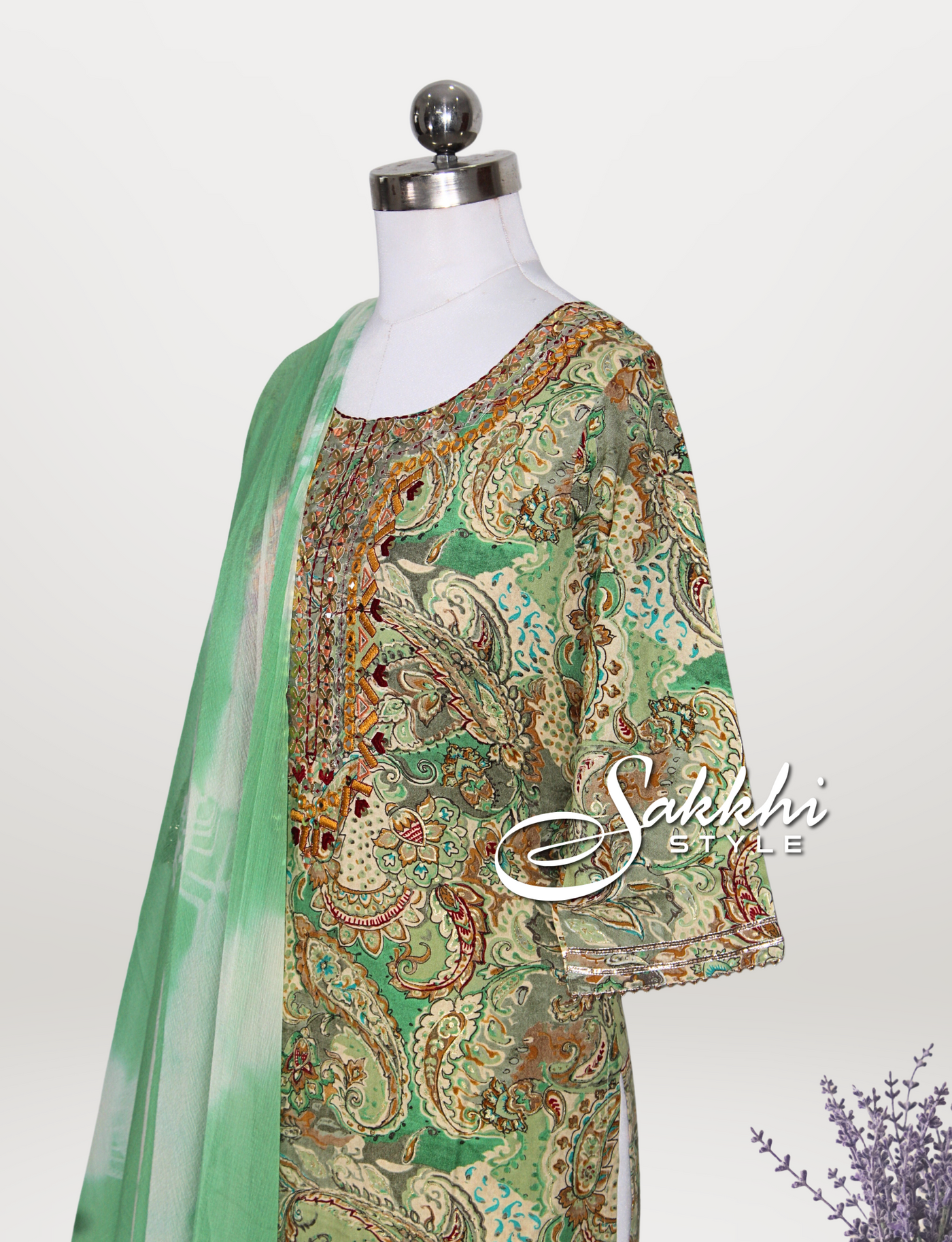 GREEN RAYON KURTI SET WITH TIE AND DYED DUPATTA