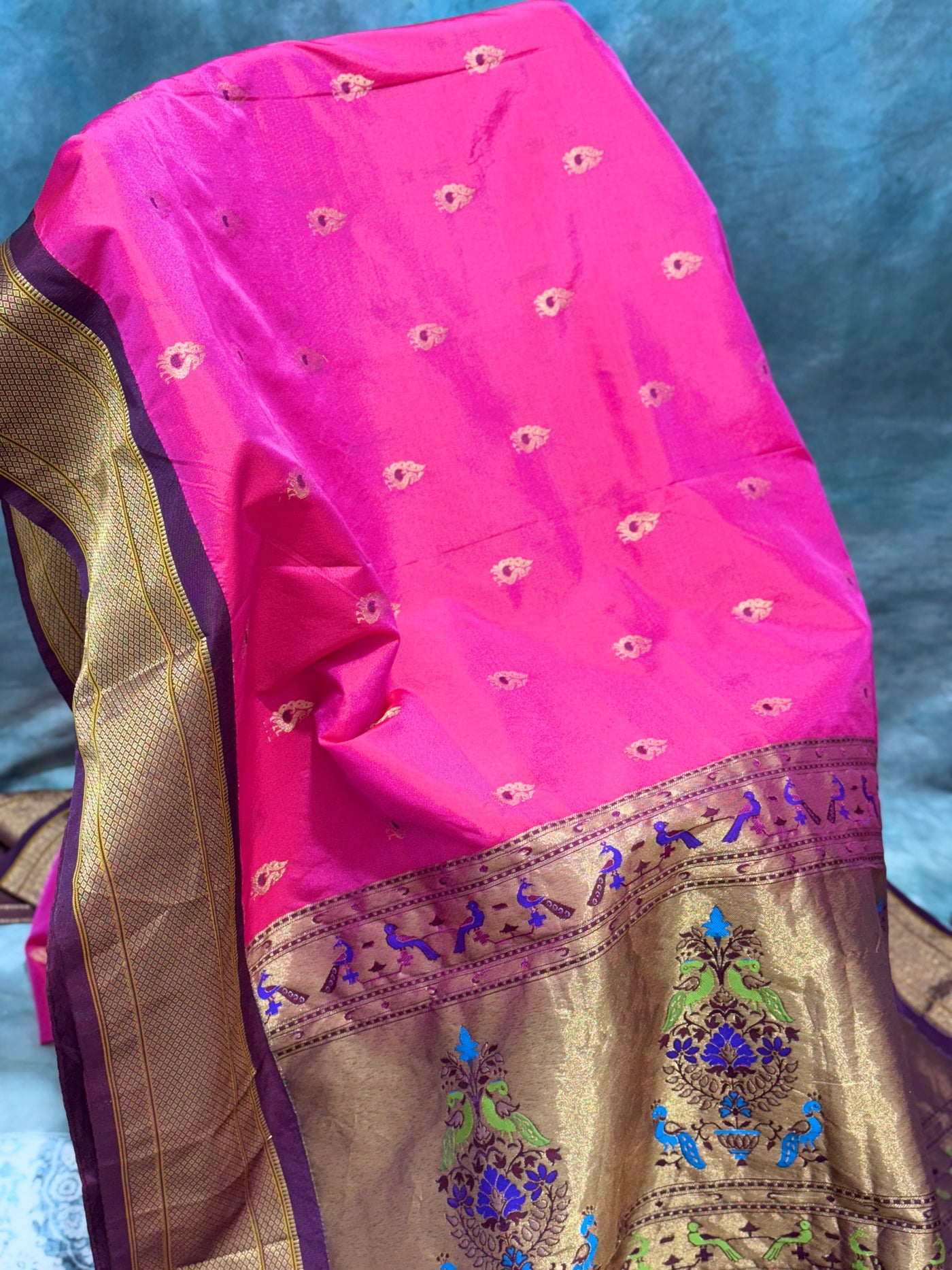 Rich Pink & Gold Semi Narayanpet Saree with Peacock Motif Border and Contrast Blouse