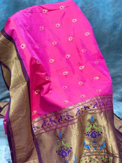 Rich Pink & Gold Semi Narayanpet Saree with Peacock Motif Border and Contrast Blouse