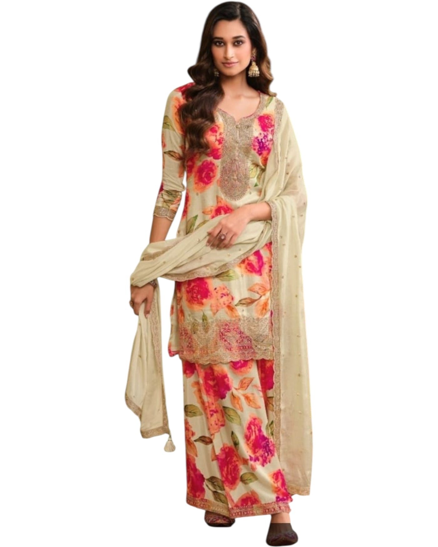 Floral Printed Cream Suit Set with Embroidered Neck and Dupatta