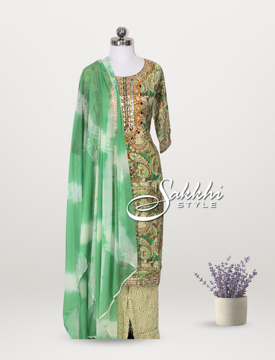 GREEN RAYON KURTI SET WITH TIE AND DYED DUPATTA